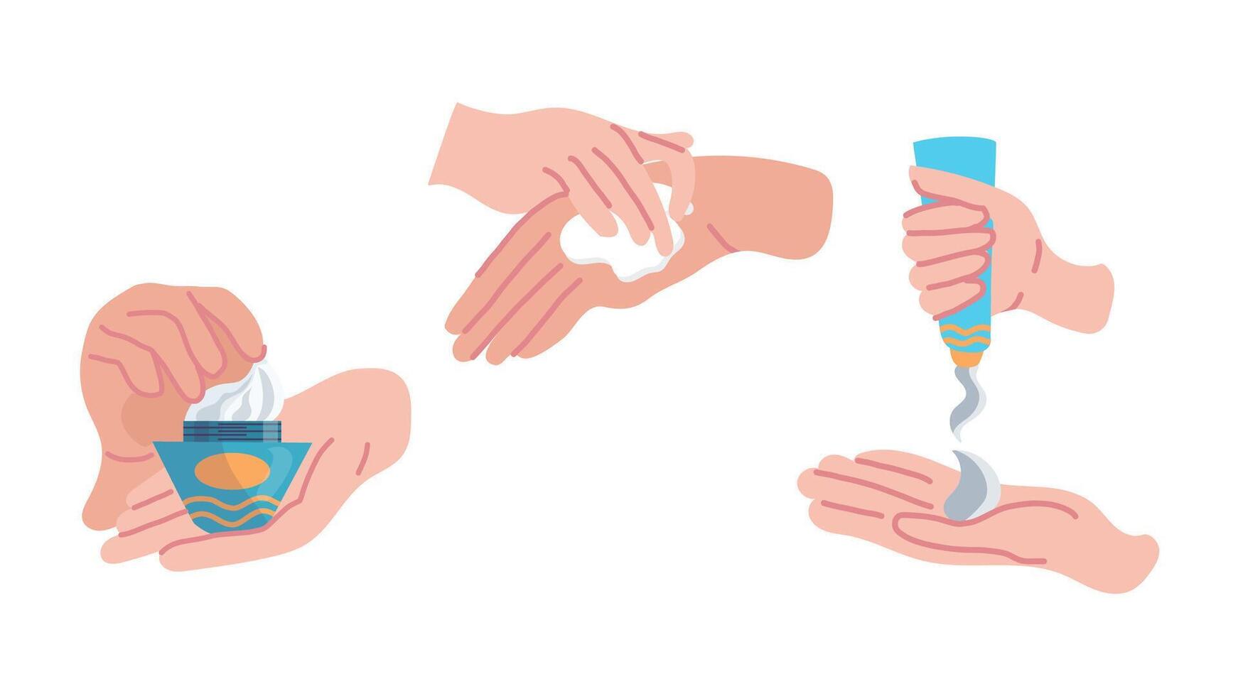 illustration of a hand applying lotion to the other hand, squeezing the cream out of the tube, and holding the jar, skin care, wearing sunscreen, moisturizing the skin, flat cartoon style. vector