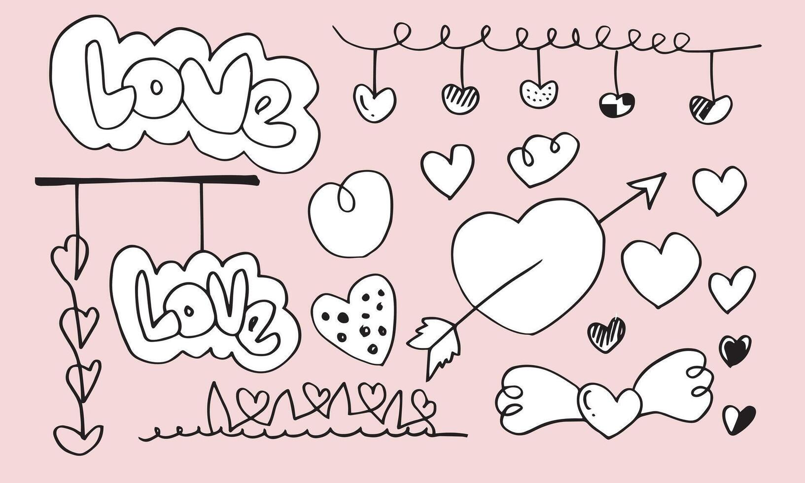 hand drawn doodles set for Valentine's Day. collection of beautiful hearts and writings Love on white background. vector