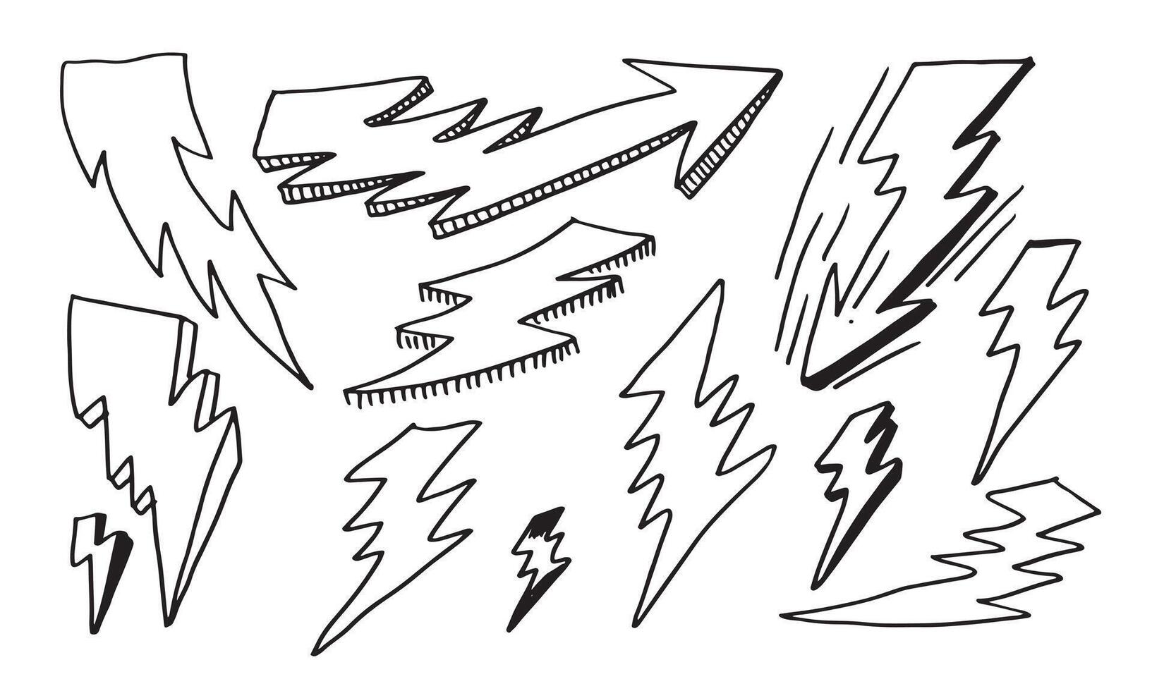 set of hand drawn doodle electric lightning bolt symbol sketch illustrations. thunder symbol doodle icon. vector