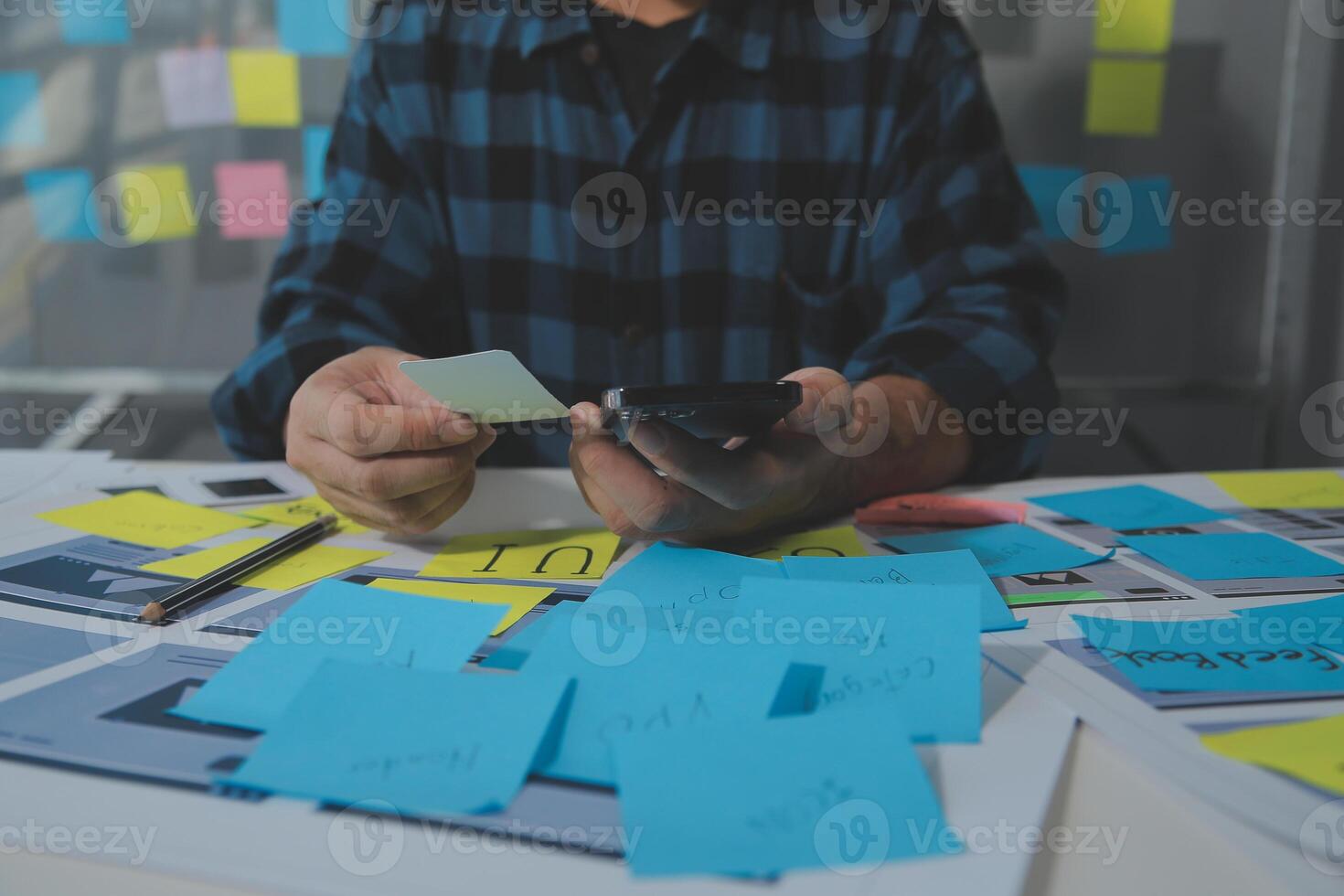 ux Graphic designer creative sketch planning application process development prototype wireframe for web mobile phone . User experience concept. photo