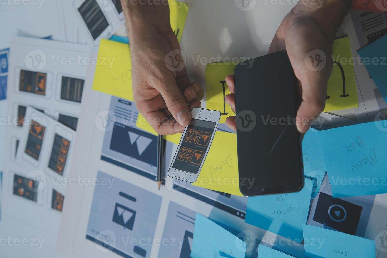 ux Graphic designer creative sketch planning application process development prototype wireframe for web mobile phone . User experience concept. photo
