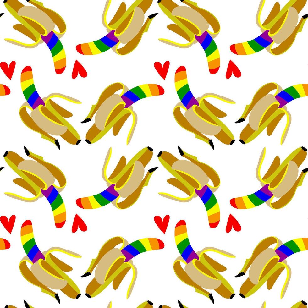 Pattern of bananas colored in a rainbow. Isolated fruits with color. An open banana in different poses and hearts. An LGBT sign. Suitable for website, blog, packaging, home decor, stationery and more vector