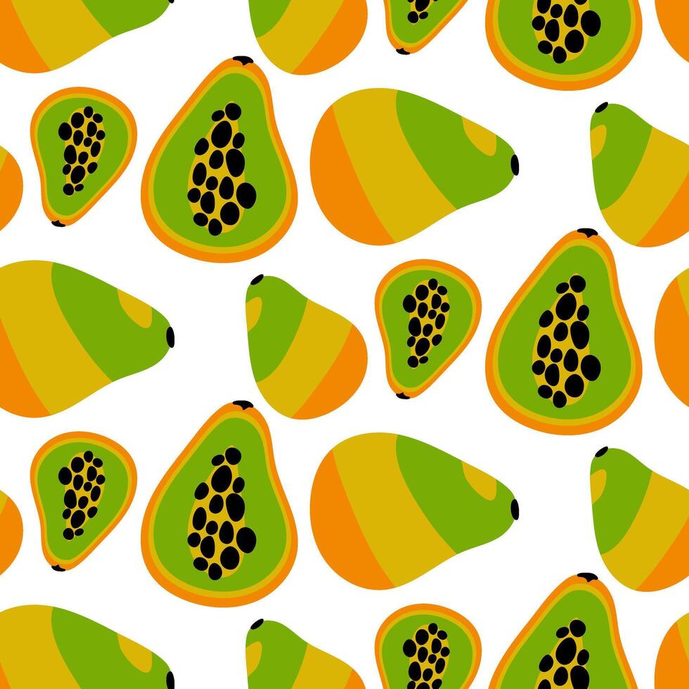 A pattern of illustrations depicting whole and sliced papaya with color, ideal for packaging office supplies, food, clothing, paper. Cute repetitive chaotically seamless texture vector