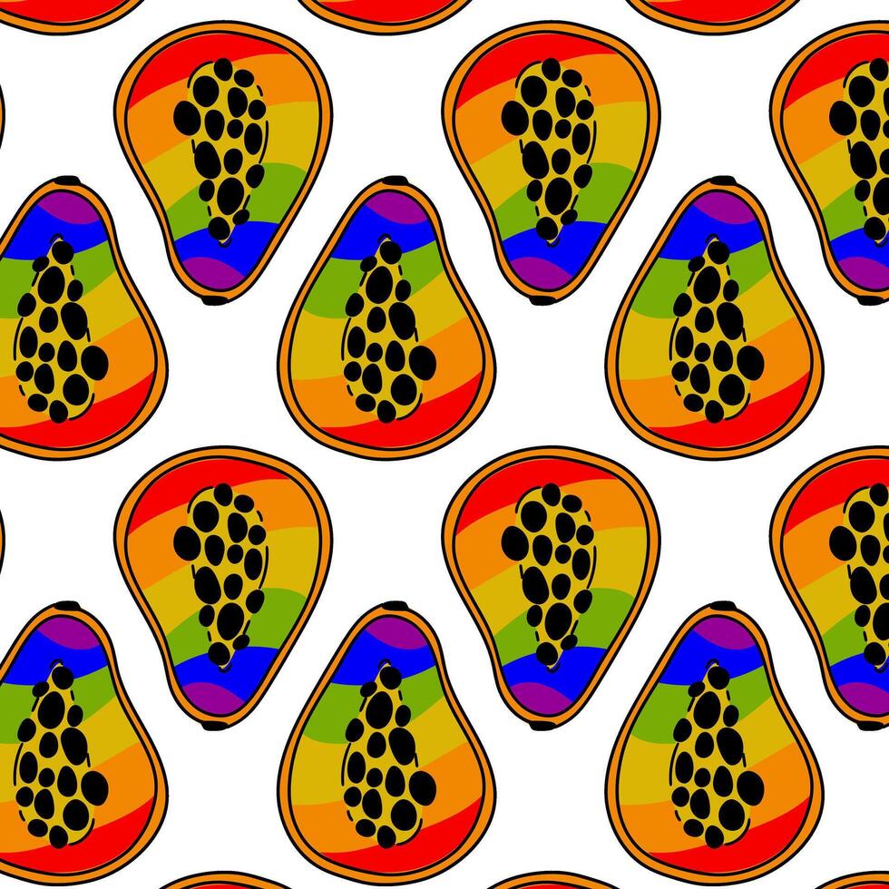 Pattern of papaya, painted in all the colors of the rainbow. Seamless fruits with a contour. Half a fruit with a colored filling. An LGBT symbol. Suitable for website, blog, product packaging and more vector