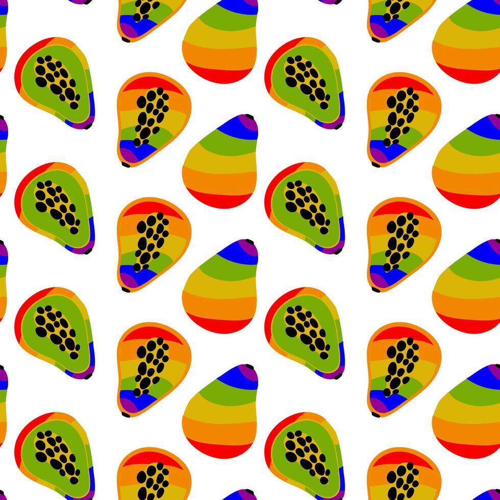 un modelo de papaya, pintado en todas el colores de el arcoíris. sin costura Fruta de colores centro. todo y rebanado frutas un lgbt símbolo. adecuado para sitio web, Blog, producto embalaje y más vector