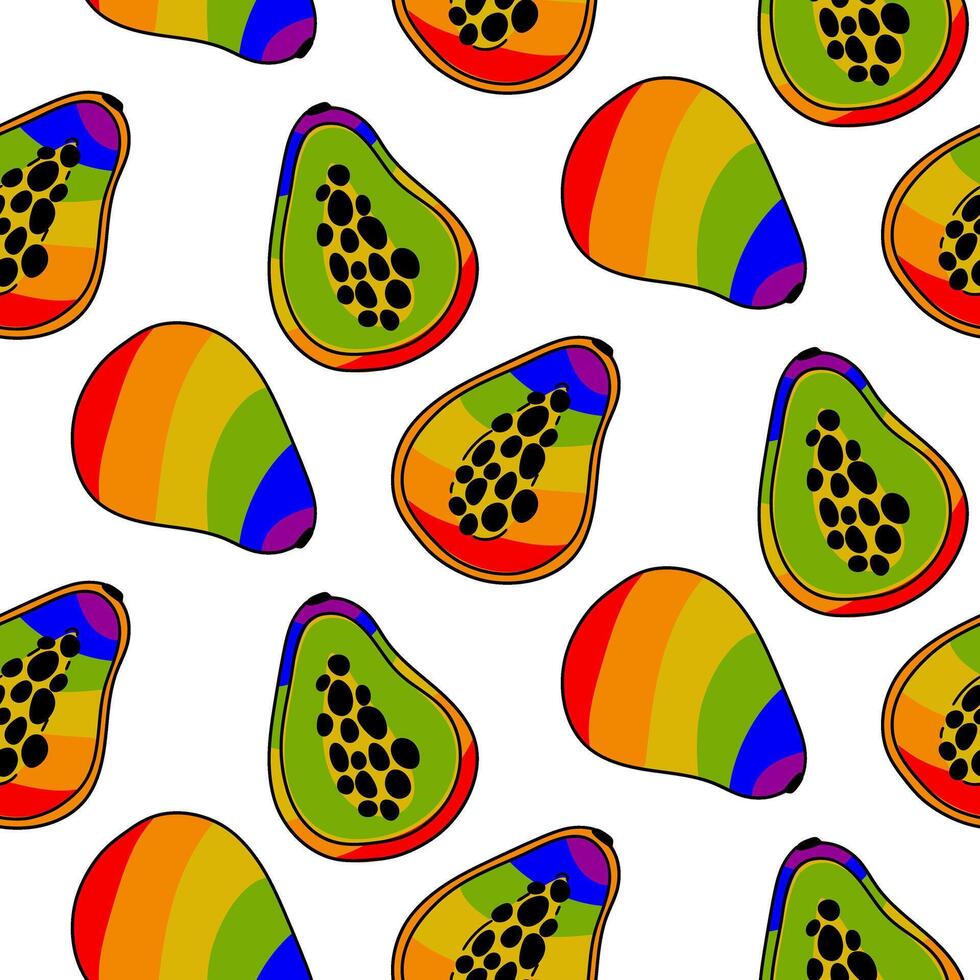 modelo de papaya, pintado en todas el colores de el arcoíris. sin costura frutas con un de colores núcleo contorno. todo y rebanado frutas un lgbt símbolo. adecuado para sitio web, Blog, producto embalaje vector