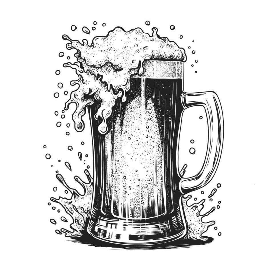 glass of beer creating splash. Vintage engraving illustration for web, poster, menu cover, pub, bar, invitation to party. Hand drawn design element isolated on white background. vector