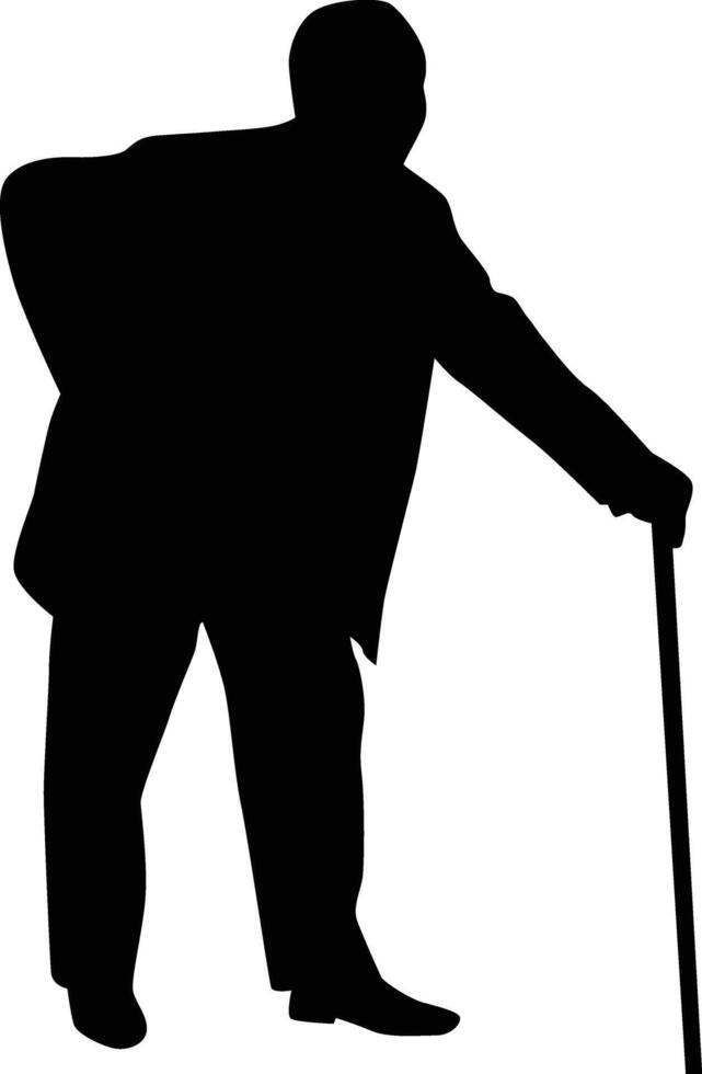 Elderly man standing with cane silhouette illustration. Old man pose silhouette in black color. Hand drawn senior man in . vector