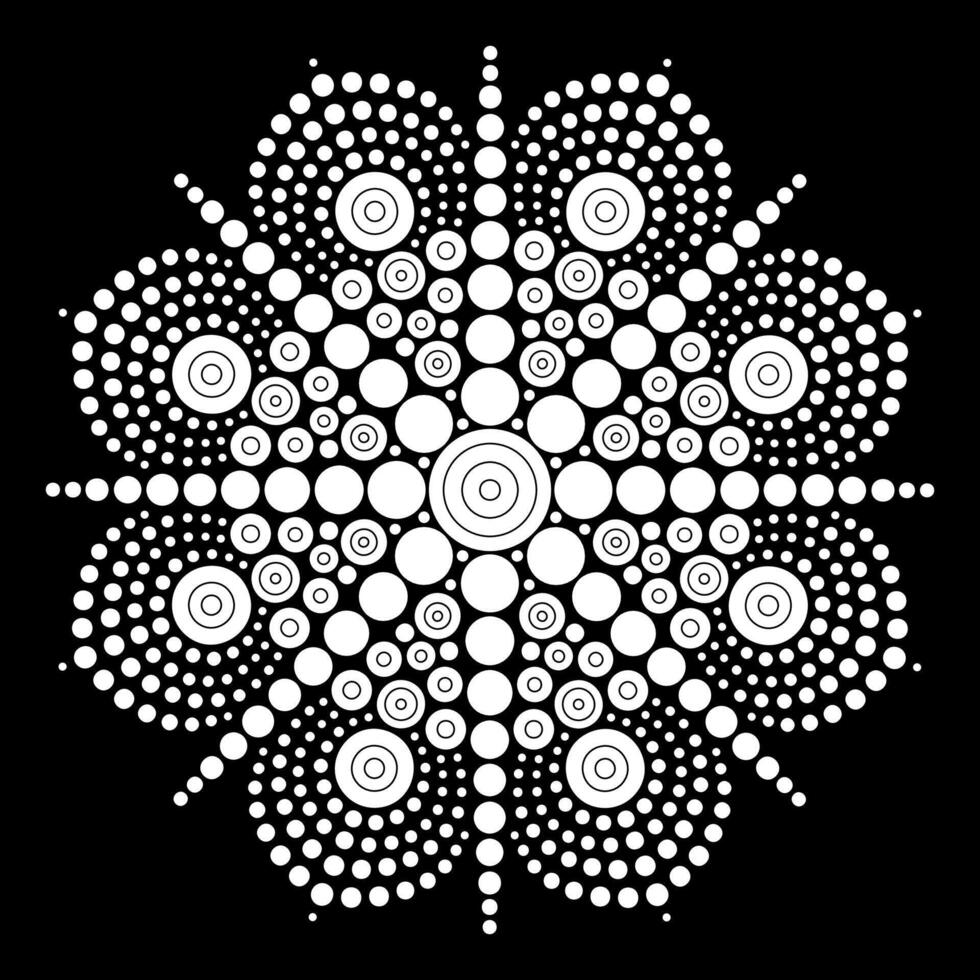 Dot mandala Coloring page for relaxation and meditation. Aboriginal traditional art. Dot painting trendy folk design isolated on black background Coloring book for kids and adults vector