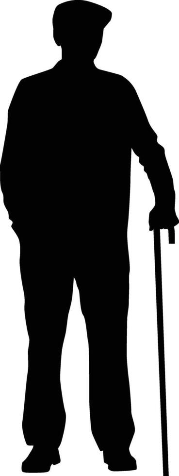 Elderly man standing with cane silhouette illustration. Old man pose silhouette in black color. Hand drawn senior man in . vector