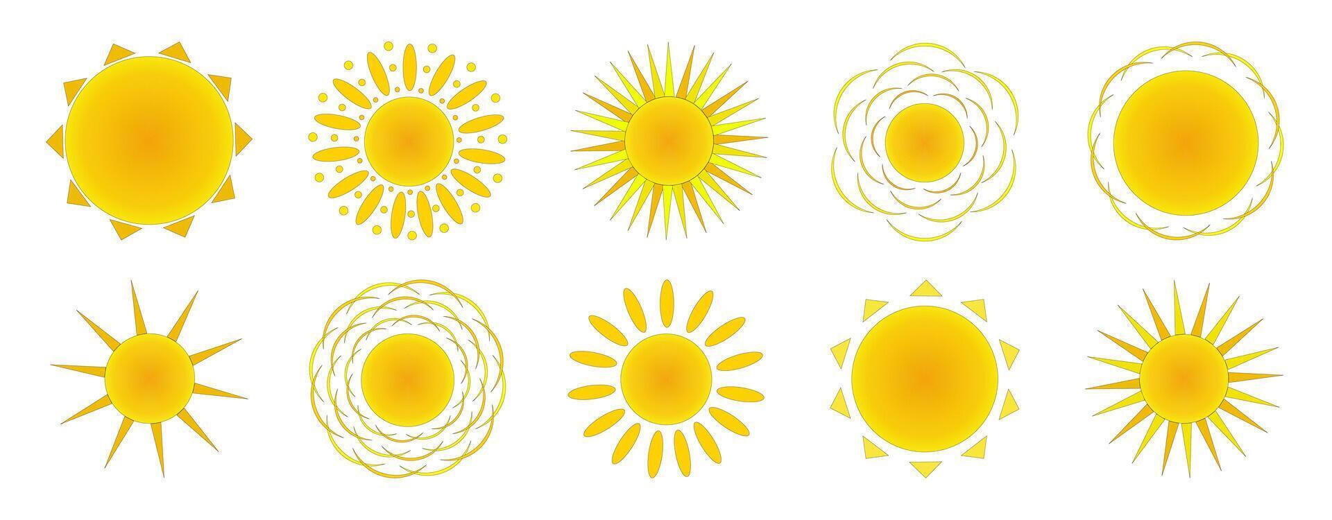 Sun with different variants of rays, set. Summertime. color drawing vector