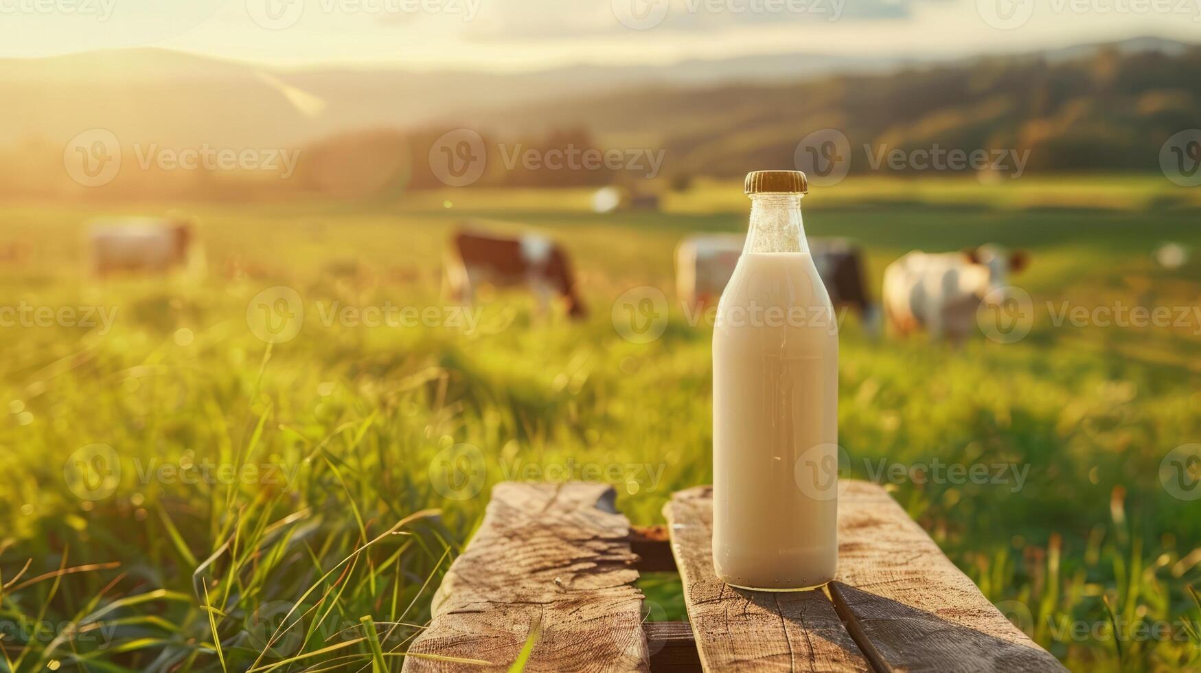 Dairy products packed in a green field of grass photo