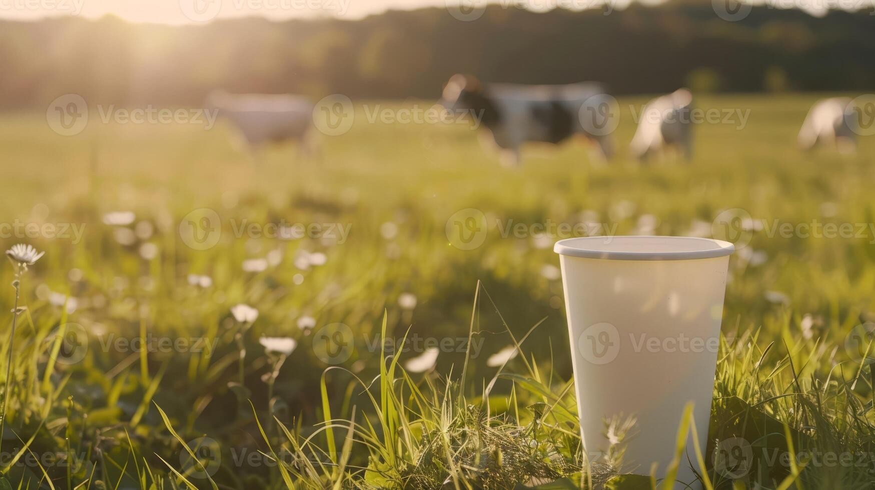 Dairy products packed in a green field of grass photo