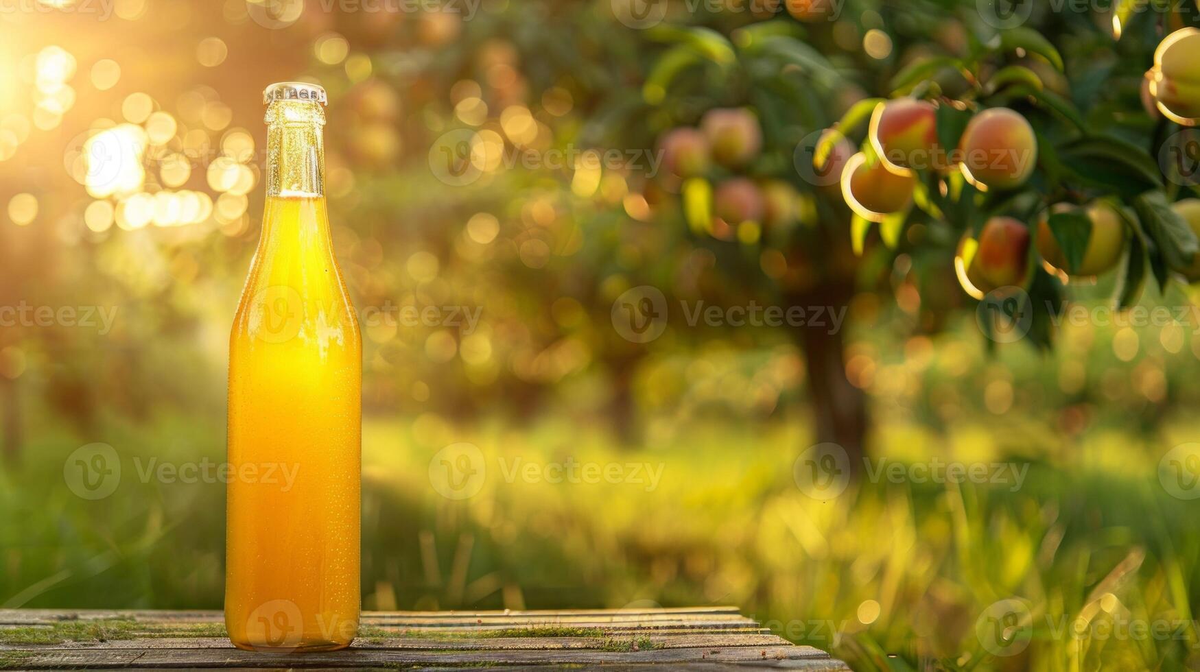 Packed peach juice on a background of green grass field photo