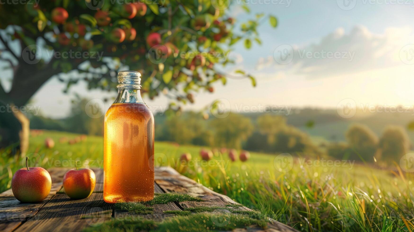 Packed apple juice on a background of green grass field photo