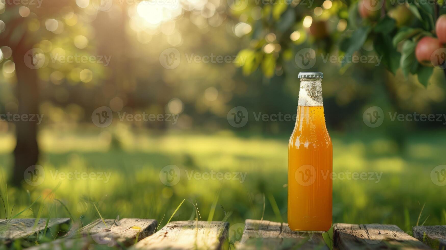 Packed apple juice on a background of green grass field photo