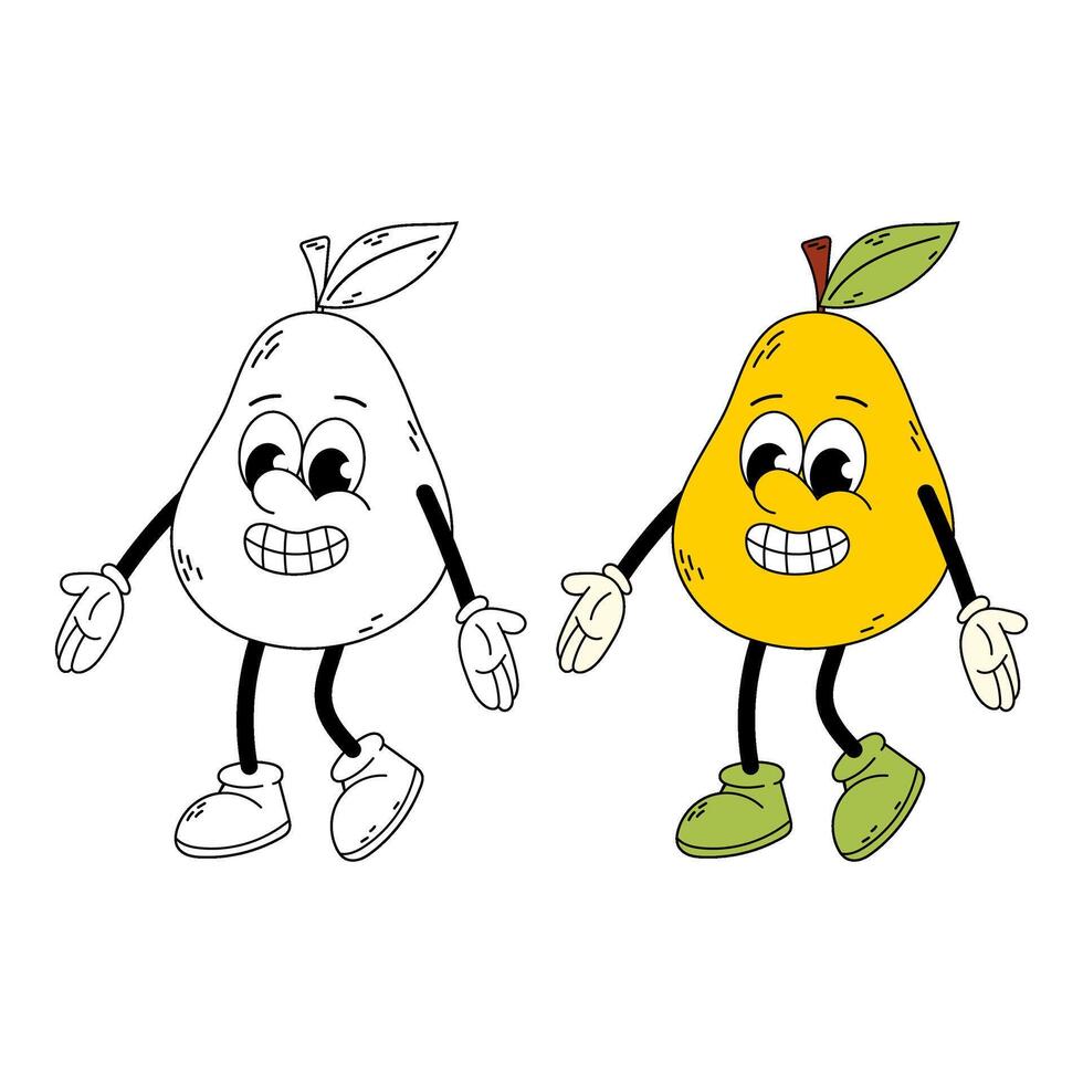 Ripe yellow pear in flat style. Pear character. Funny cartoon retro character pear in flat and doodle style. Groovy pear. vector