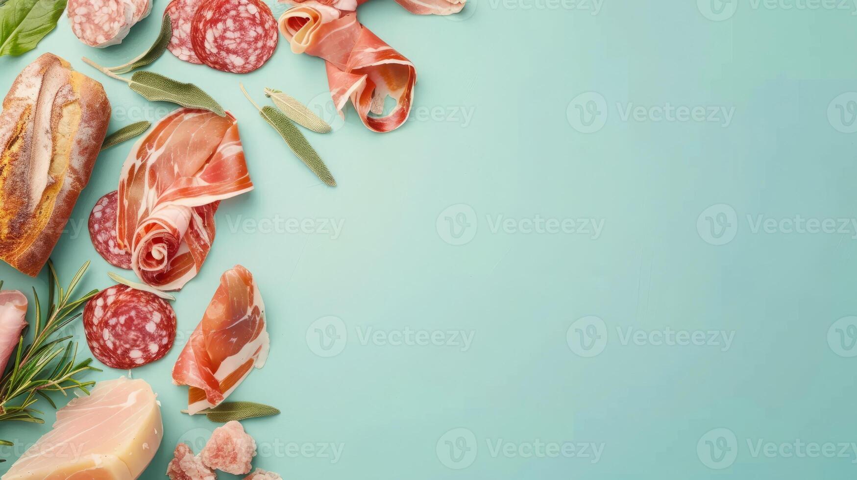 Top view isolated background with a variety of meat and sausage products photo