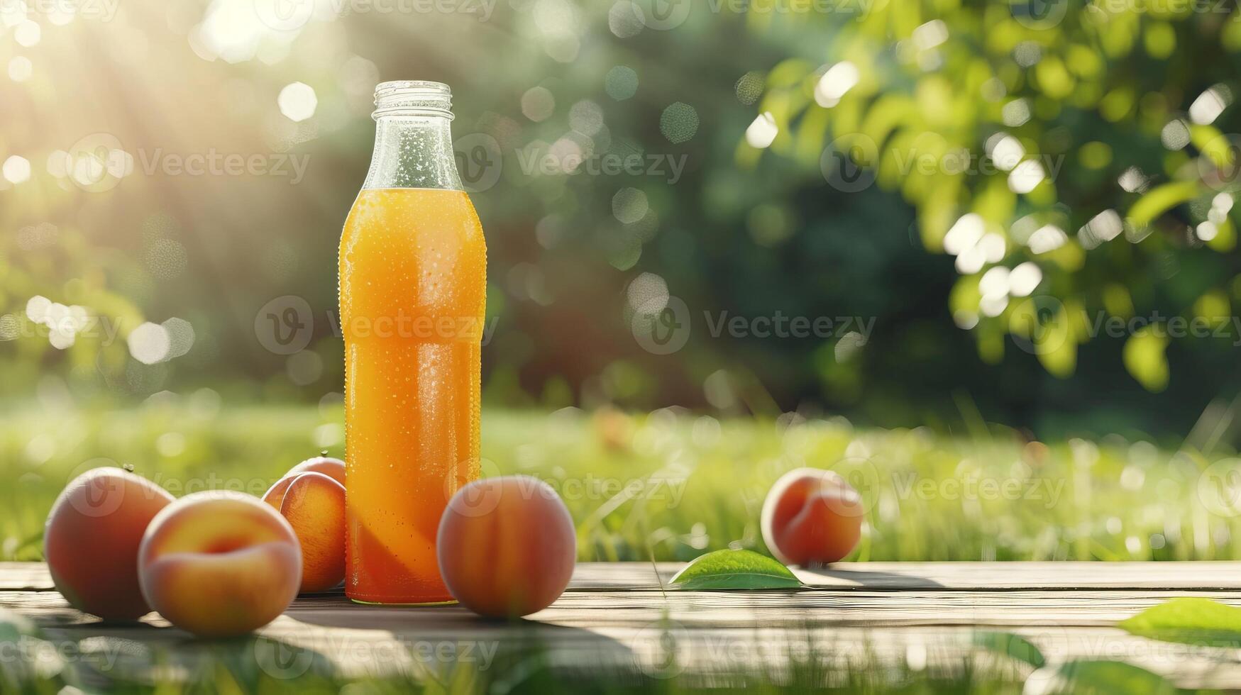 lleno melocotón jugo en un antecedentes de verde césped campo foto