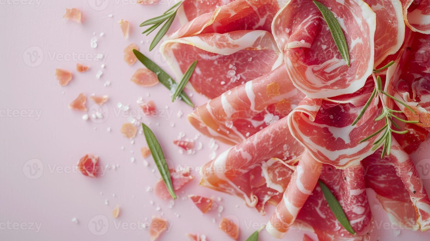 Top view isolated background with a variety of meat and sausage products photo