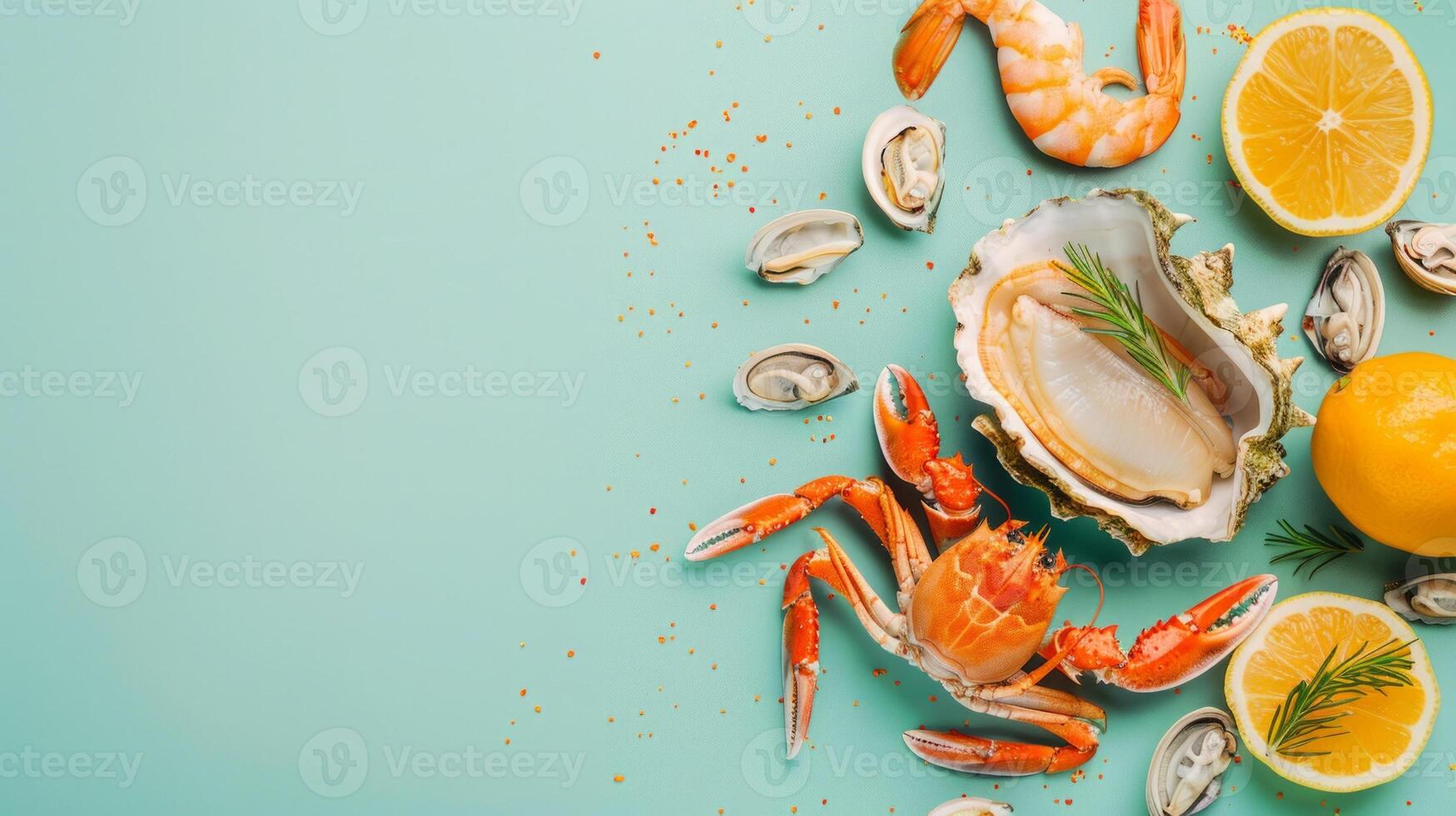 Top view background with a variety of fish products photo