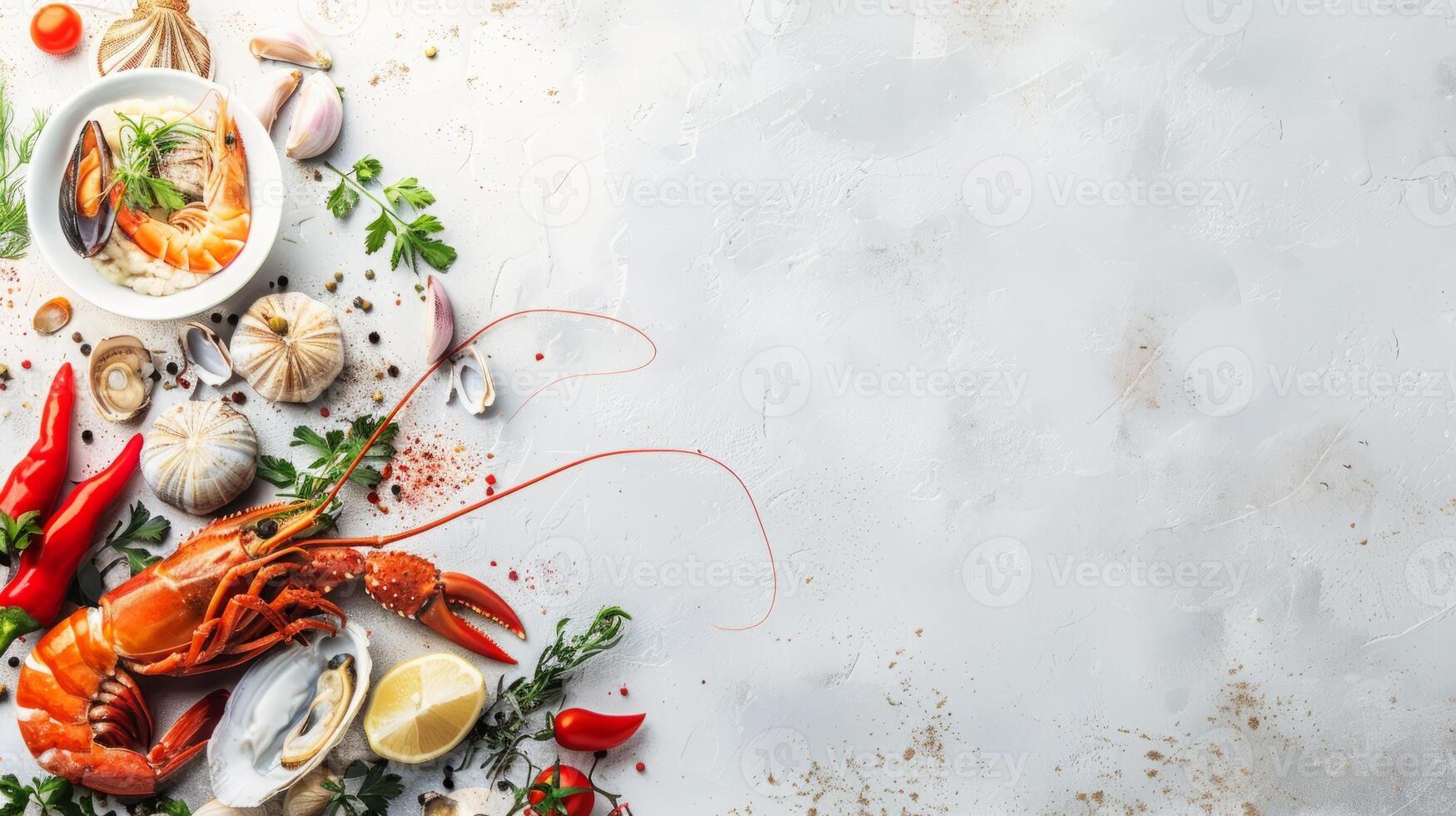 Top view background with a variety of fish products photo