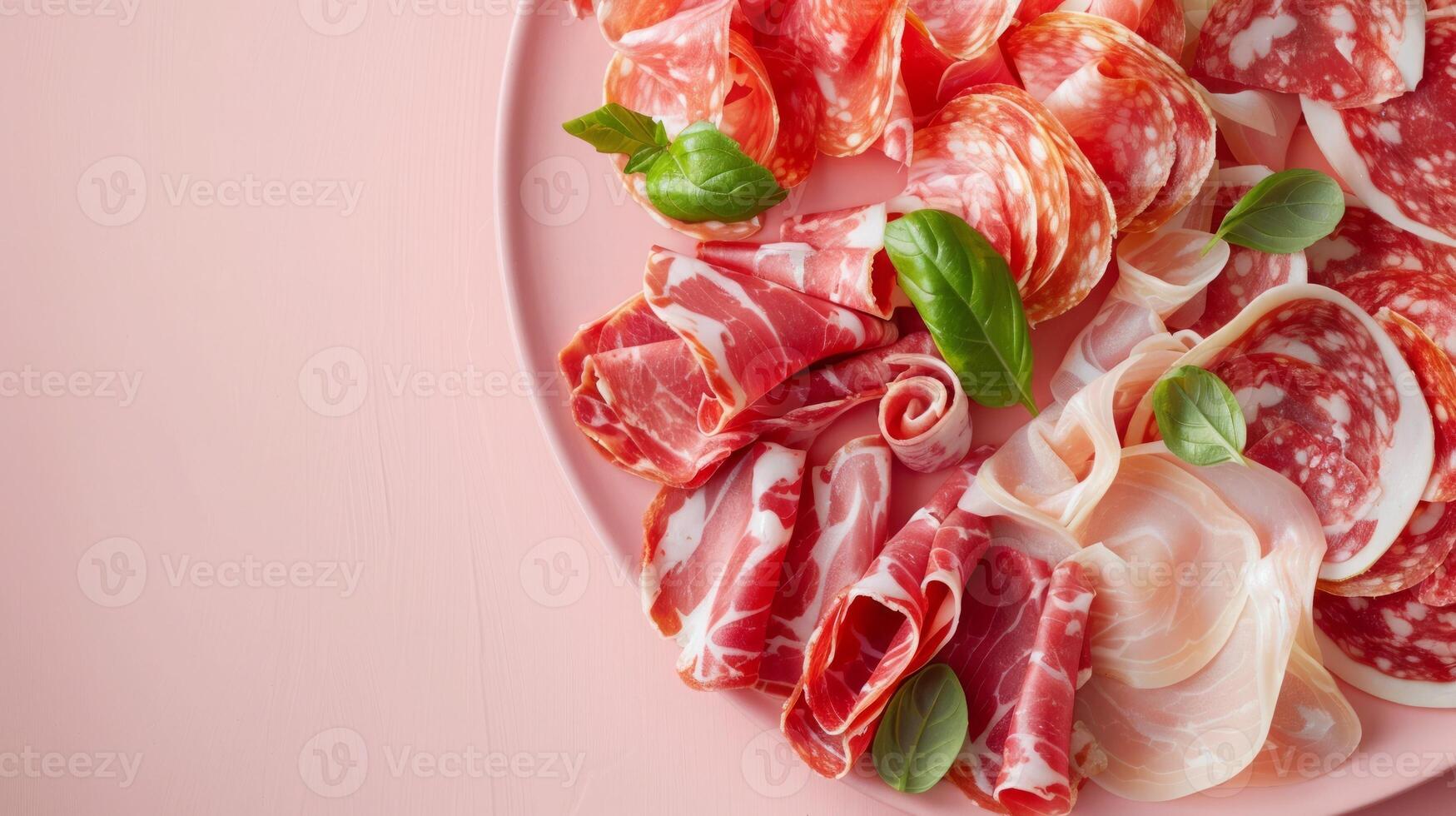 Top view isolated background with a variety of meat and sausage products photo