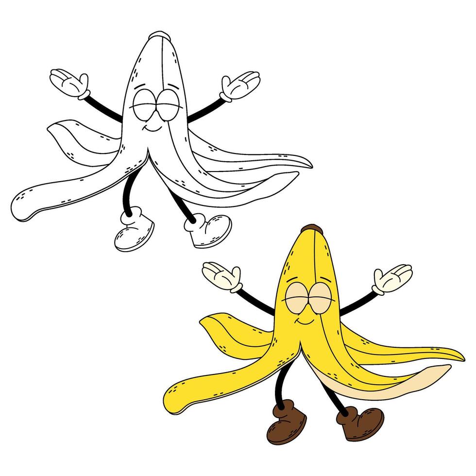 Groovy banana skin character. Banana skin. Dancing cartoon retro character banana in flat and doodle style. vector
