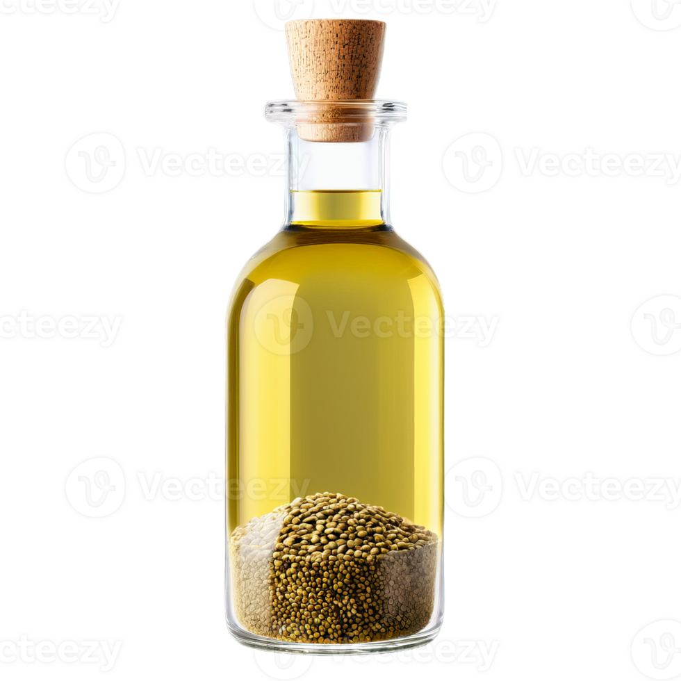 Perilla seed oil in a clear glass jar with a sprinkle of perilla seeds on png