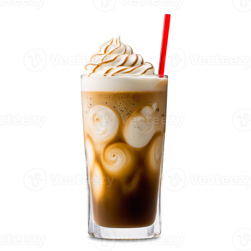 Iced Coffee served in a transparent tall glass coffee ice cubes and png