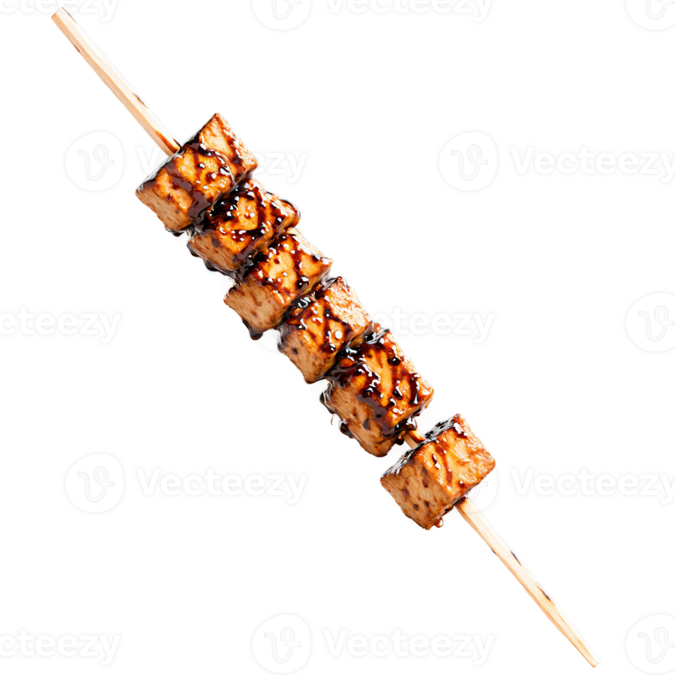 Teriyaki tempeh skewers juicy and caramelized sizzling and turning with a misty spray of teriyaki png