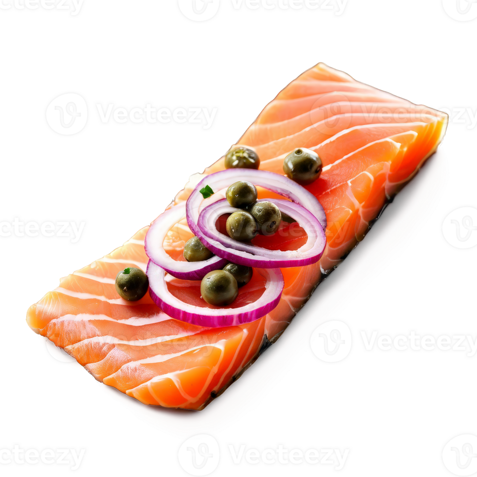 Smoked salmon belly rich flavor garnished with capers and red onion shot with a macro png