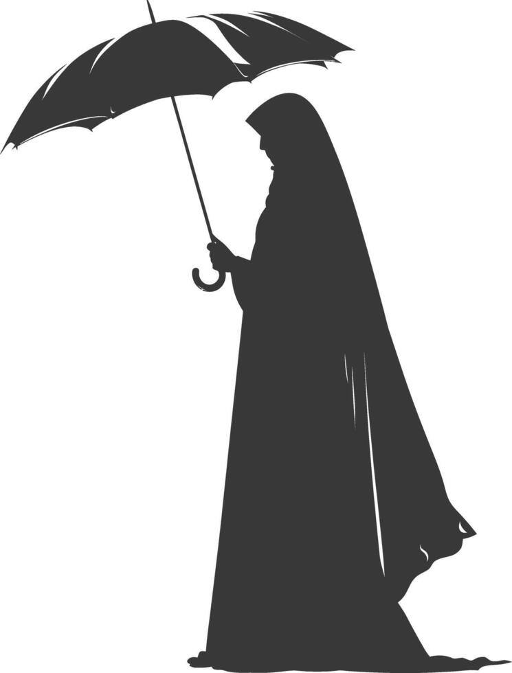 Silhouette independent emirates women wearing Abaya with umbrella black color only vector