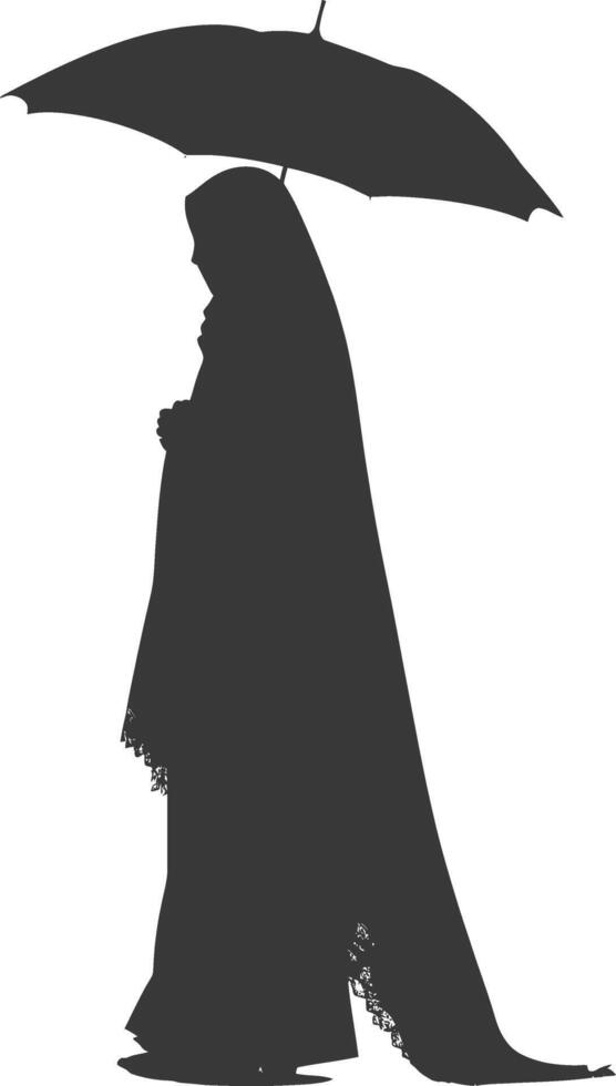 silueta independiente emiratos mujer vistiendo abaya con paraguas negro color solamente vector