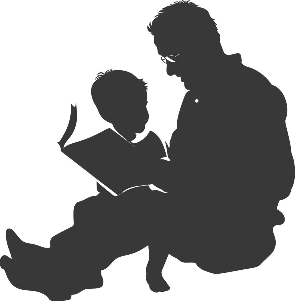 silueta padre leyendo un libro a niño lleno cuerpo negro color solamente vector