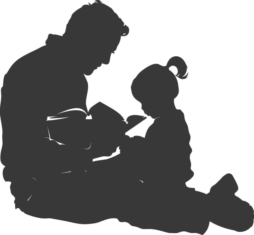 silueta padre leyendo un libro a niño lleno cuerpo negro color solamente vector