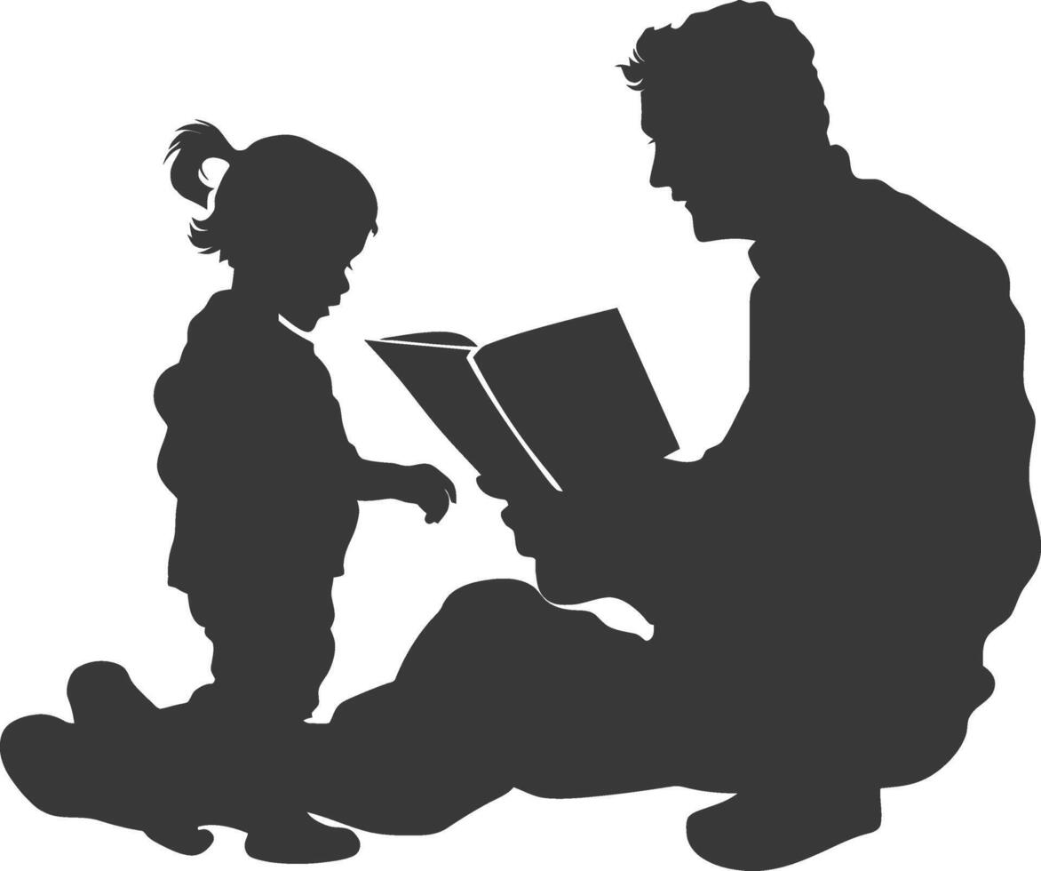 silueta padre leyendo un libro a niño lleno cuerpo negro color solamente vector