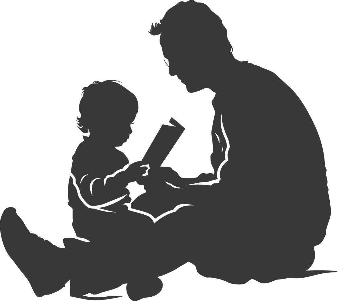 silueta padre leyendo un libro a niño lleno cuerpo negro color solamente vector