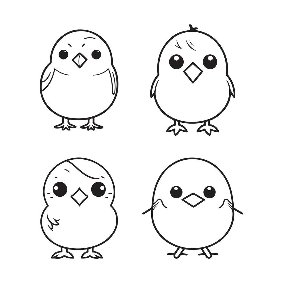 Cute bird illustration black and white cartoon character design collection. White background. Pets, Animals. vector