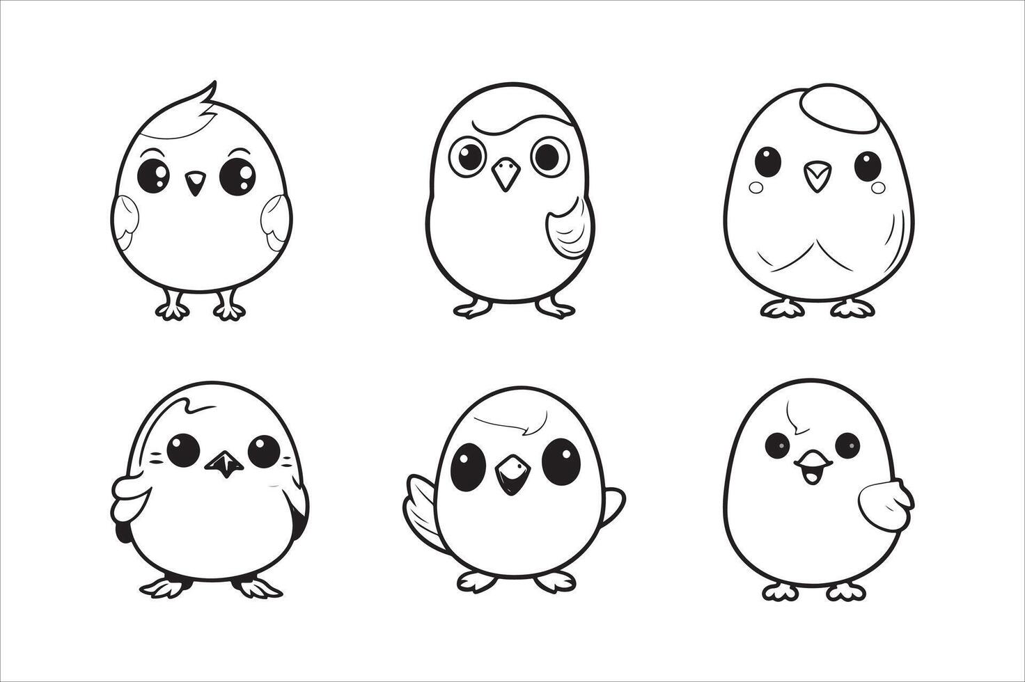 Cute bird illustration black and white cartoon character design collection. White background. Pets, Animals. vector
