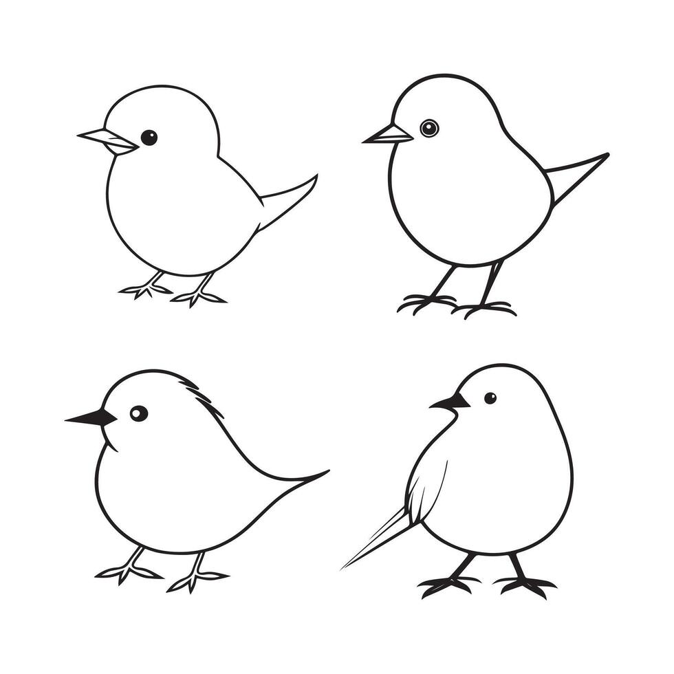 Cute bird illustration black and white cartoon character design collection. White background. Pets, Animals. vector