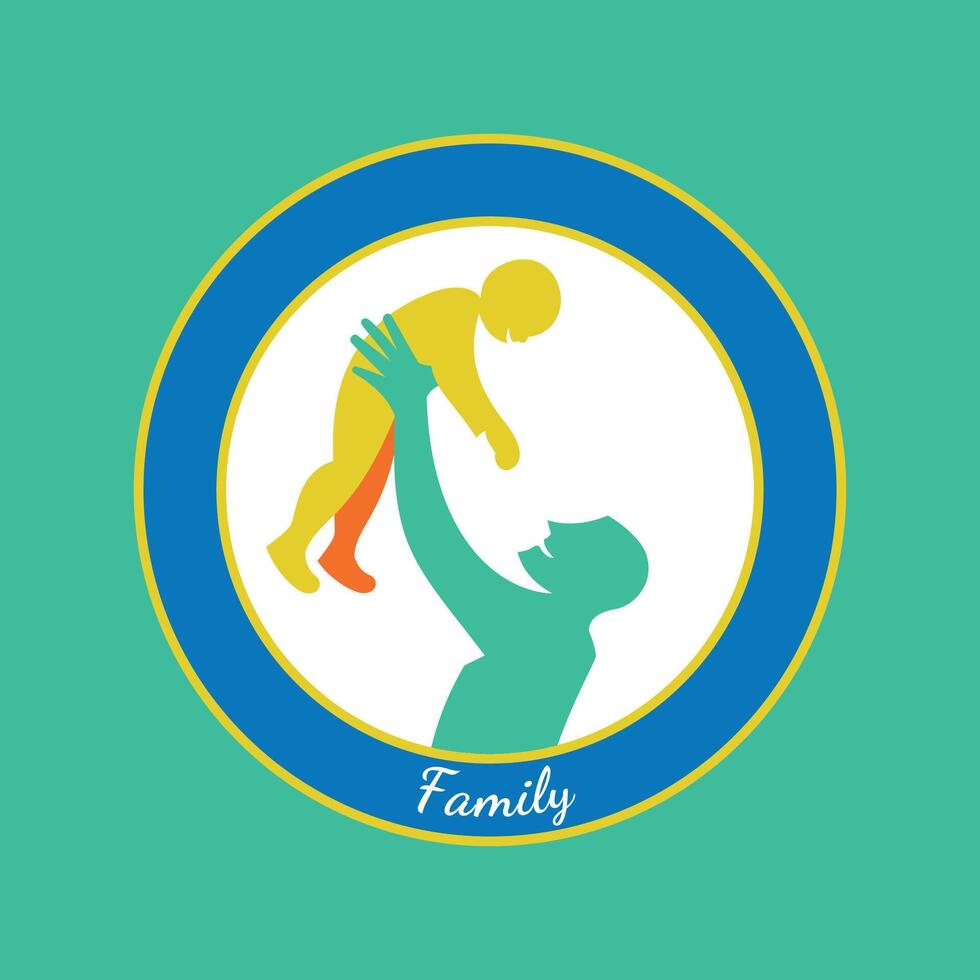happy father carrying his son in minimalist illustration for round logo vector