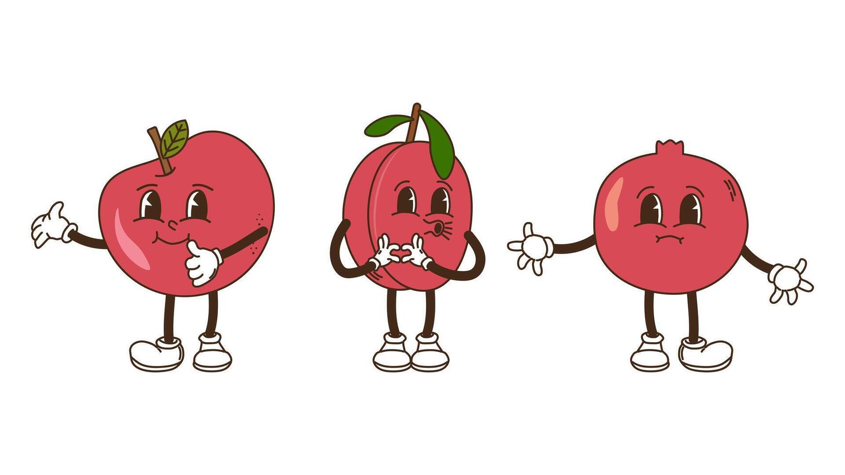 Fruits and berries in groovy style set. Apple plum and pomegranate. Characters trendy retro, comic mascot. Design banner poster. Y2k Hippie 70s, 80s. illustration. vector