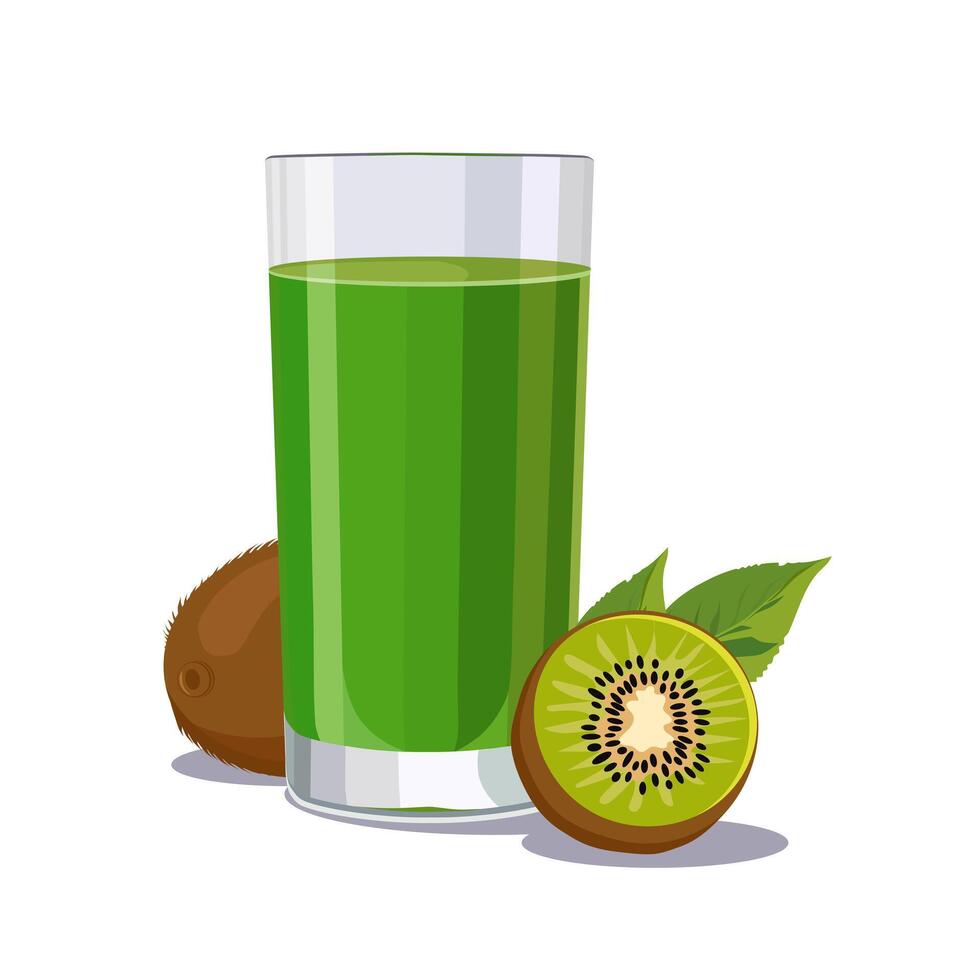 Full glass of green freshly and healthy squeezed kiwi juice isolated on white background. illustration in flat style with tropical drink. Summer clipart for card, banner, flyer, poster design vector