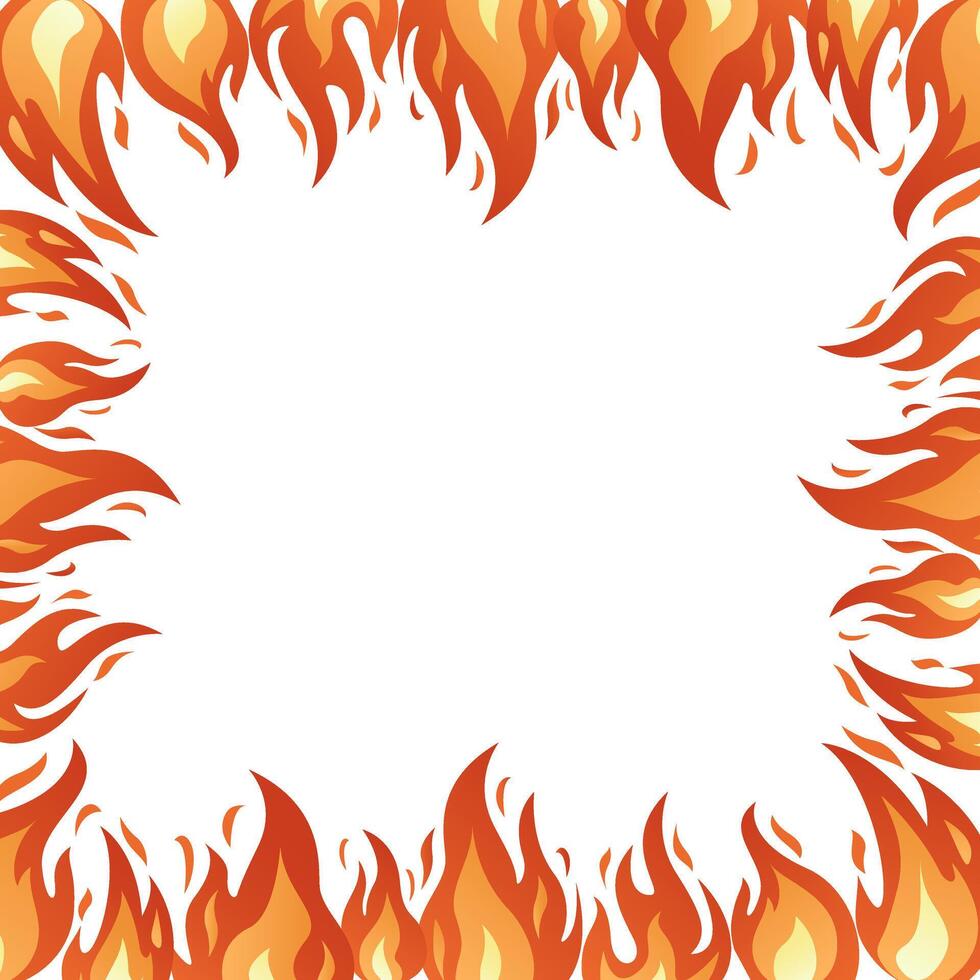 Flame square frame. Bright fiery flames, heat wildfire, campfire red hot bonfire. Burning frame hand drawn isolated on white. Trendy flat style cartoon burning frame illustration vector