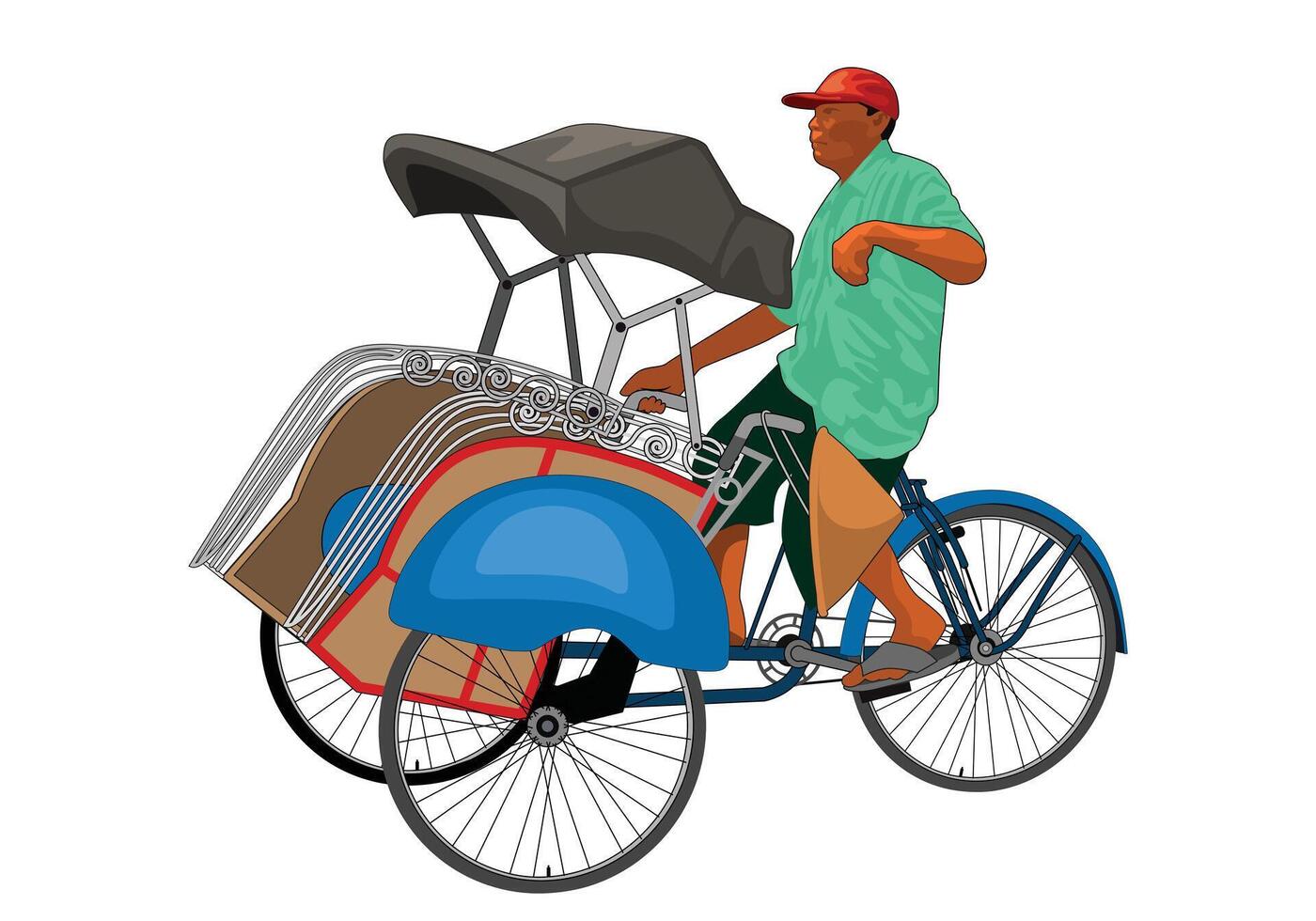A man riding rickshaw becak yogyakarta. Isolated on white background. vector