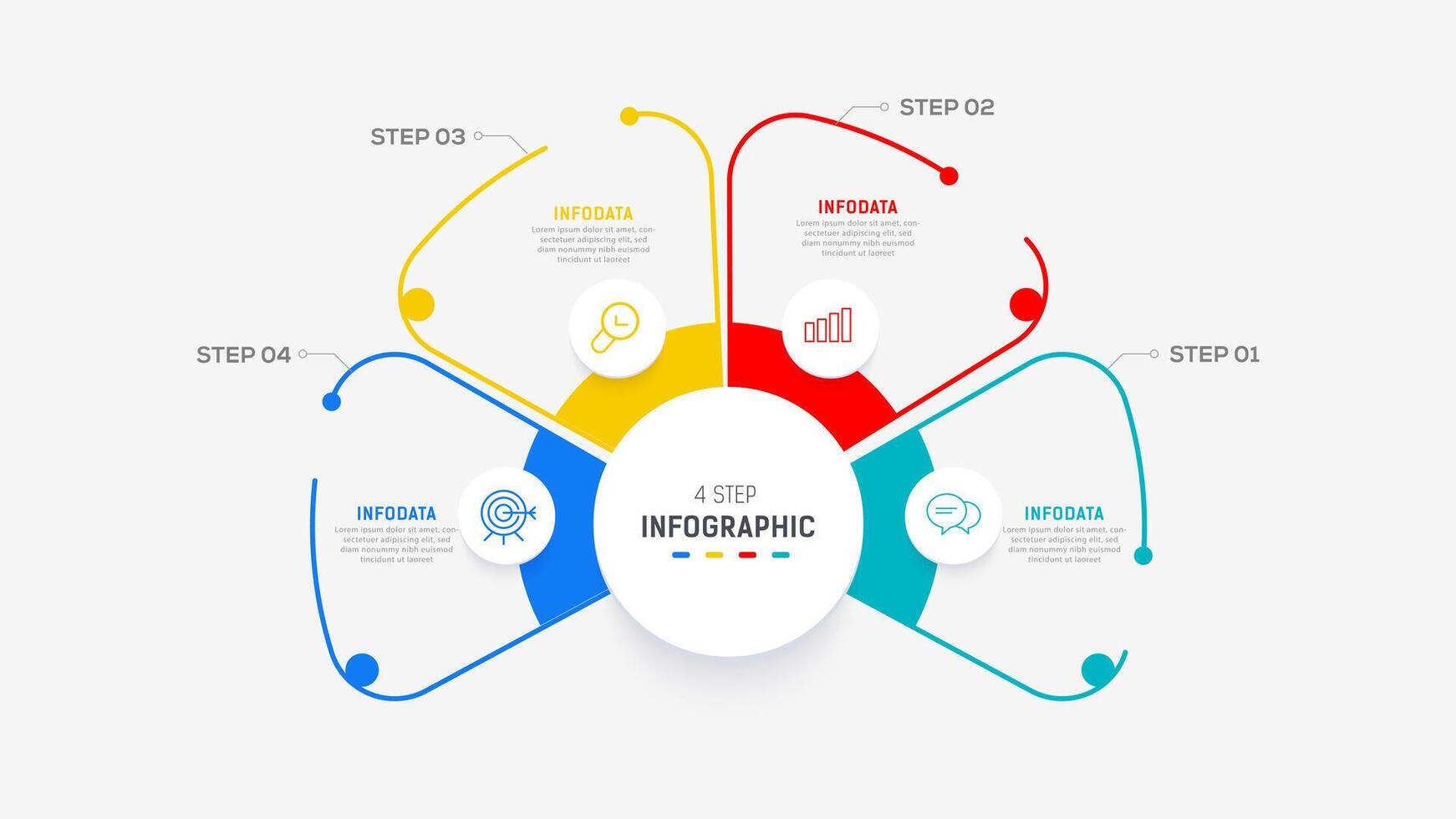 cuatro paso infografía elemento diseño modelo para presentación. proceso diagrama y presentaciones paso, flujo de trabajo disposición, bandera, fluir cuadro, informacion gráfico ilustración. vector