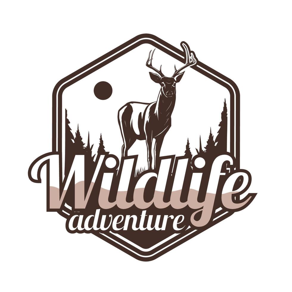 fauna silvestre aventuras emblema con ciervo dibujo vector