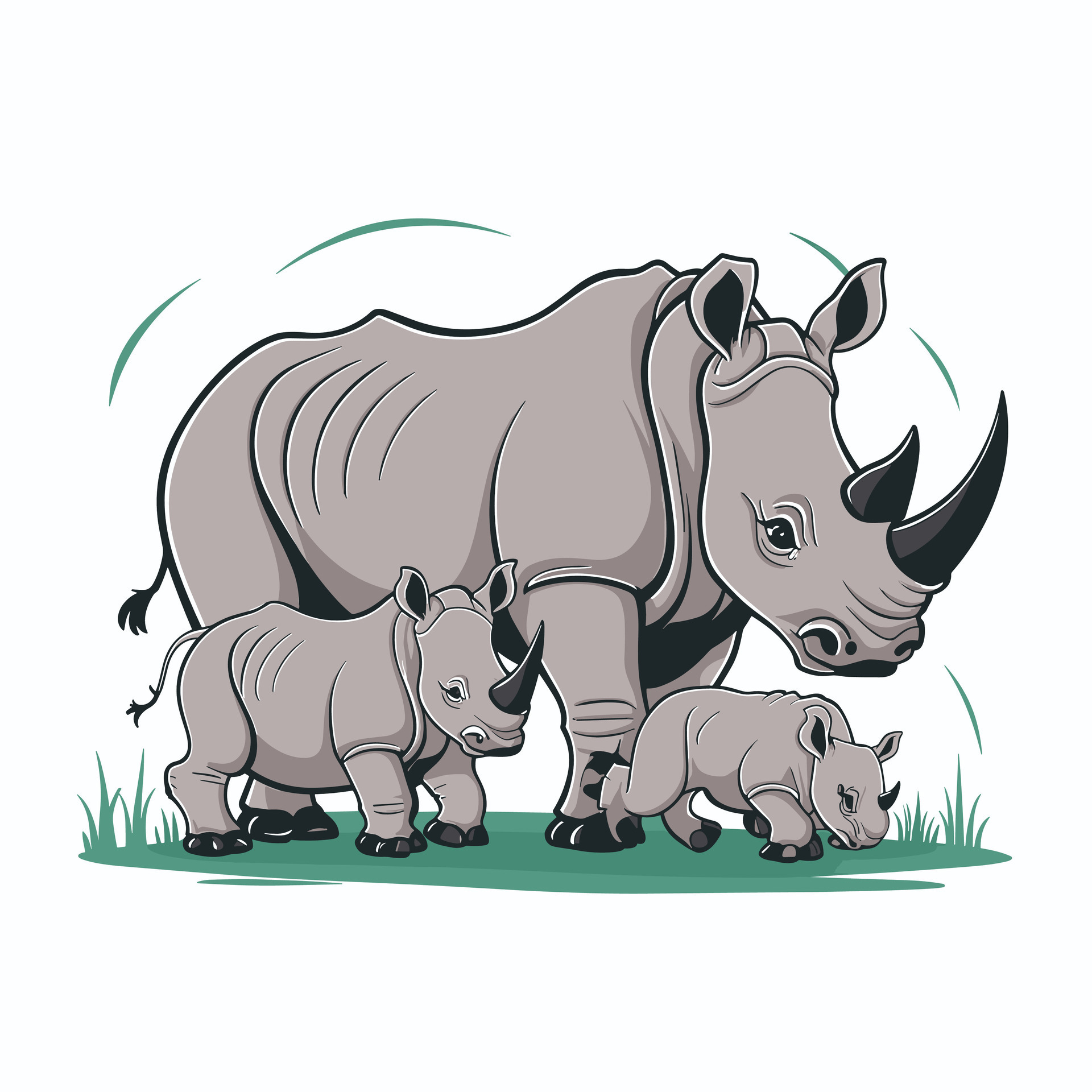 cute and beautiful rhinos different poses cartoon animal design flat illustration isolated on