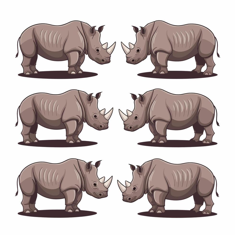 cute and beautiful rhinos different poses cartoon animal design flat illustration isolated on white background vector